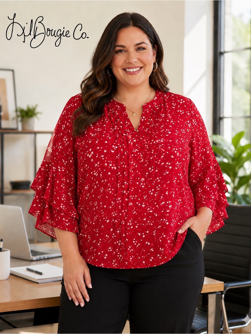 Red Floral Ruffle Sleeve Blouse - Size XL